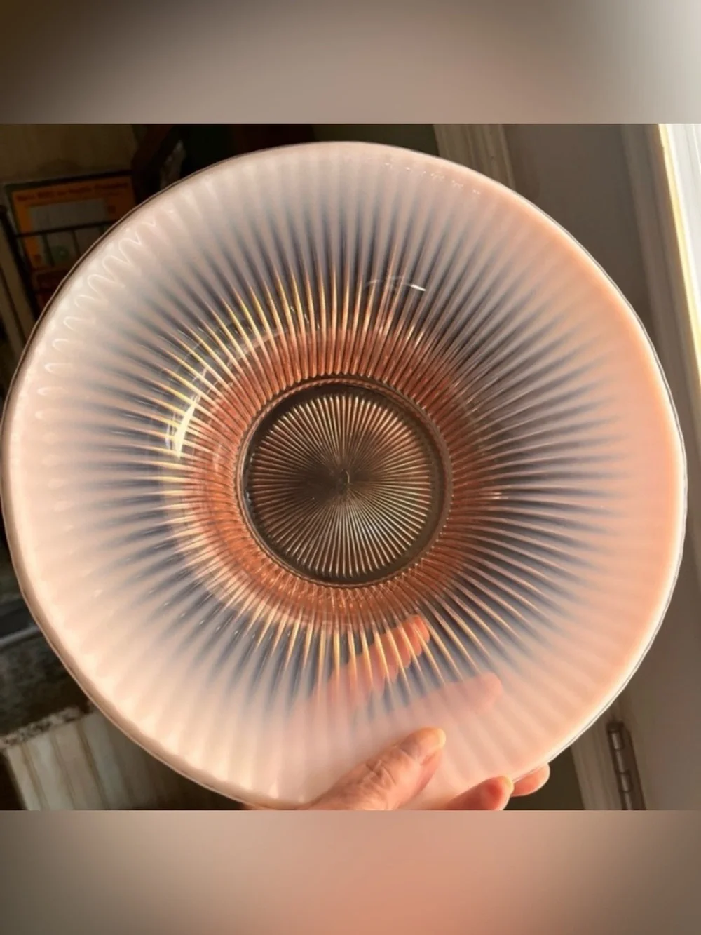 Fenton Stamped Peaches & Cream Iridescent Ribbed Pedestal Bowl, 13”